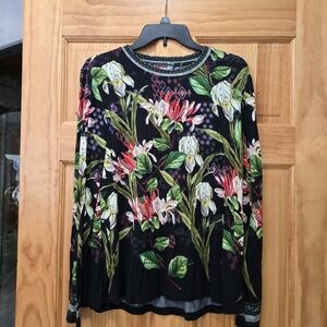 Johnny Was Black Top with Colorful Floral Design